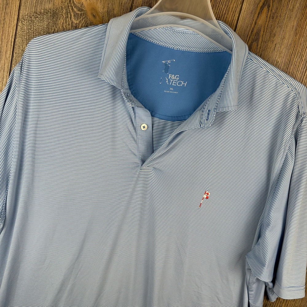 F&G Tech Golf Polo Shirt Friars Head GC Mens XL Blue White Stripe Short Sleeve